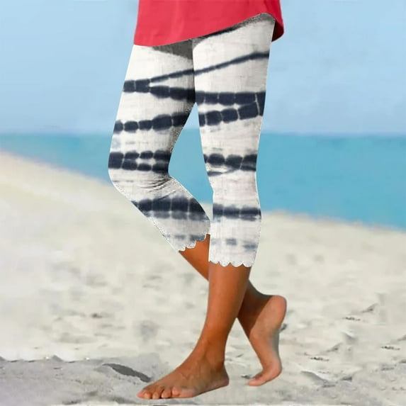 Pants for Women,Clearance Women's Plus Size Women's Summer Casual Elastic Waist Printed Cropped Beach Pants Loose Causal Pants