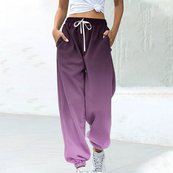 Pants for Women Color Blocked Printed Drawstring Casual Sweatpants Loose Pants,Womens Pants Purple S