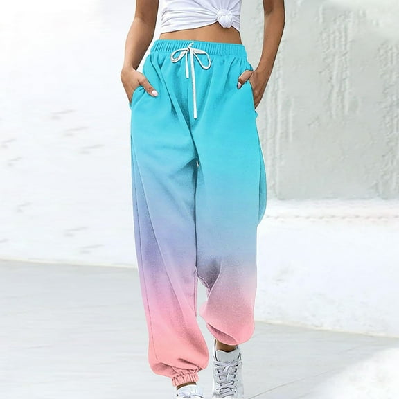 Pants for Women Color Blocked Printed Drawstring Casual Sweatpants Loose Pants,Womens Pants Sky Blue M
