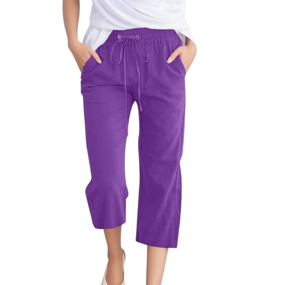 Pants for Women Comfortable High Waisted Drawstring Elastic Comfy Straight Pockets Cropped Purple Long Shorts Sizes S