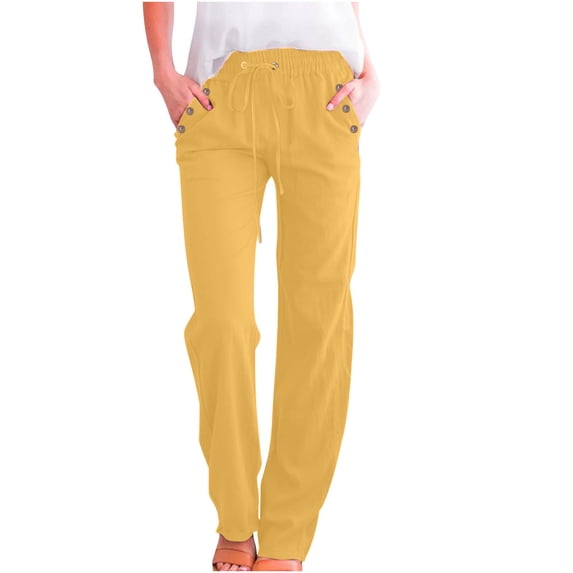 Pants for Women Cotton Linen Everyday Essential Stylish Straight Leg Trousers with Button Pockets, Perfect for Daily Wear