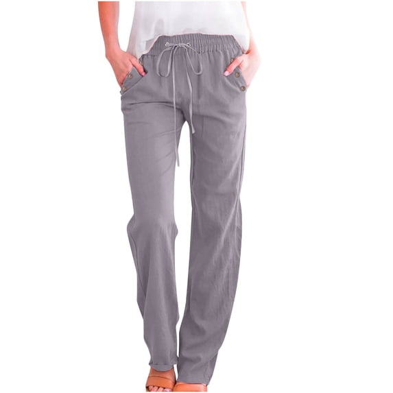 Pants for Women Cotton Linen Everyday Essential Stylish Straight Leg Trousers with Button Pockets, Perfect for Daily Wear
