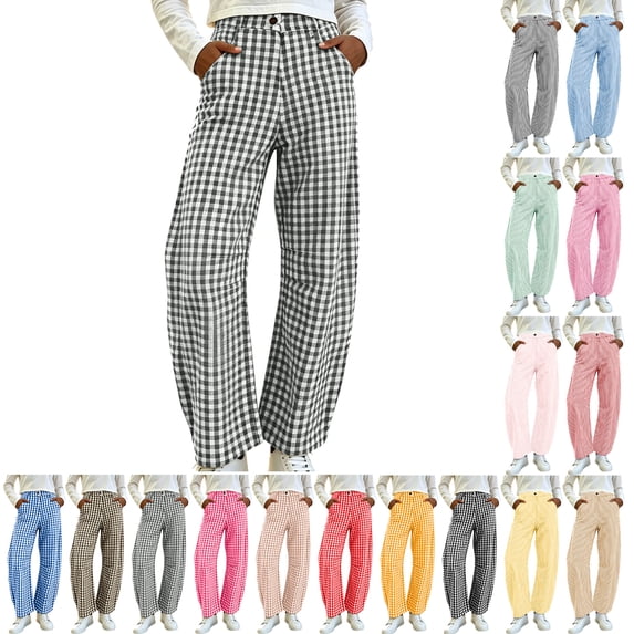 Pants for Women Dqueduo Women's Plaid Button-Zipper Elastic Waist Curved Barrel Pants – Casual Trousers Gray XXL