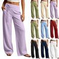 thumbnail image 1 of Pants for Women Dqueduo Women's Solid Color Elastic Waist Casual Pocket Straight-Leg Pants – Linen Blend Trousers Purple XL, 1 of 7