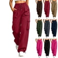 thumbnail image 1 of Pants for Women Dqueduo Women's Summer Casual Cargo Pants – Solid Color Drawstring Leg-Binding Sports Trousers with Pockets Wine M, 1 of 9