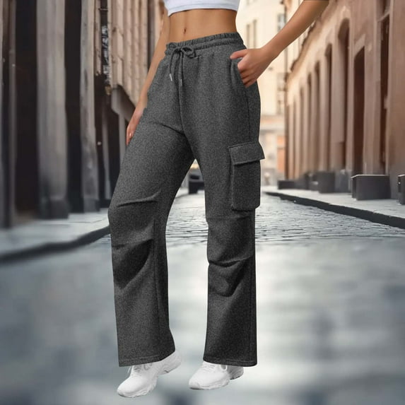 Pants for Women Drawstring Elastic Waist Sports Multi-Pocket Casual Solid Color Cargo Joggers Sweatpants,Sweatpants for Women Dark Gray XXL