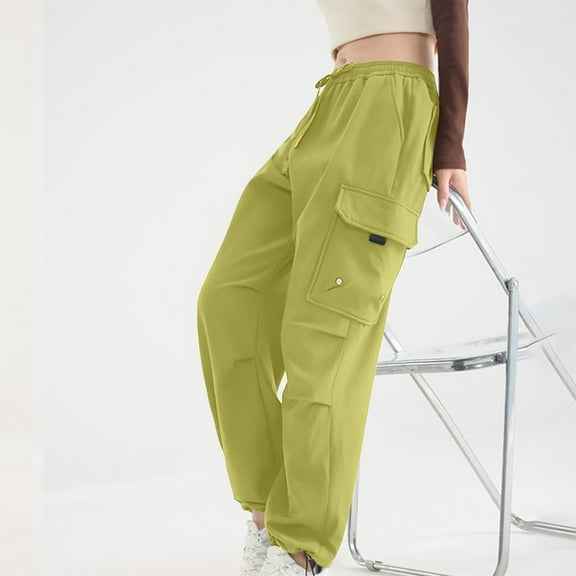Pants for Women Drawstring Multiple Pockets Pull Rope Sports Work Solid Color Sweatpants,Sweatpants for Women Green XXXL