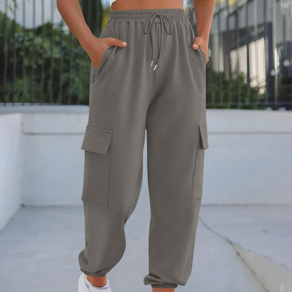 Pants for Women Drawstring Pocket Sweatpants Straight Jogging Solid Color Casual Long Cargo Joggers,Sweatpants for Women Gray XL