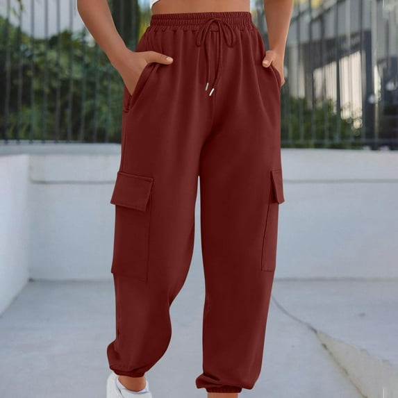 Pants for Women Drawstring Pocket Sweatpants Straight Jogging Solid Color Casual Long Cargo Joggers,Sweatpants for Women Wine XXL