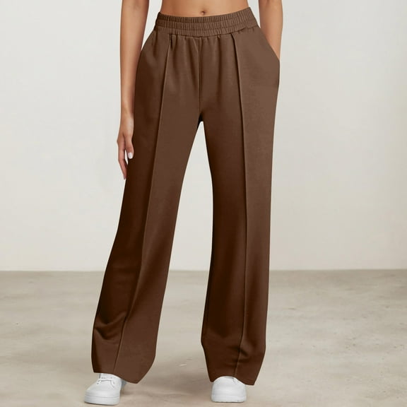Pants for Women Elastic High-Waisted Full Pants Casual Straight Solid Color Loose Casual Wide Leg Pants,Sweatpants for Women Brown XL