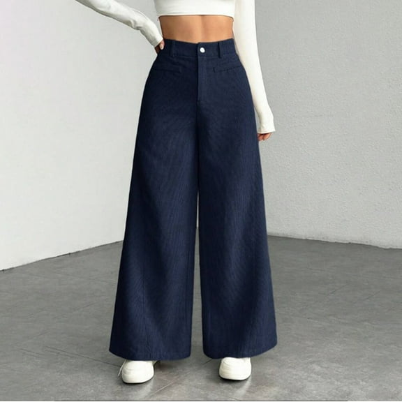Pants for Women Elastic Waist Button Solid Casual Trousers Long Pants,Womens Pants Blue S