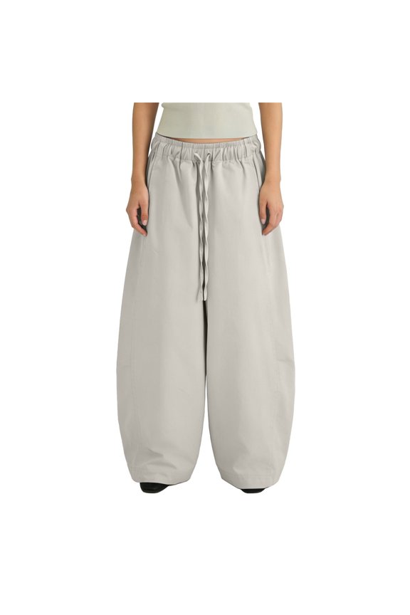 Pants for Women Elastic Waist Contrast Decor Wide Leg Cropped Baggy Pants,Beige S