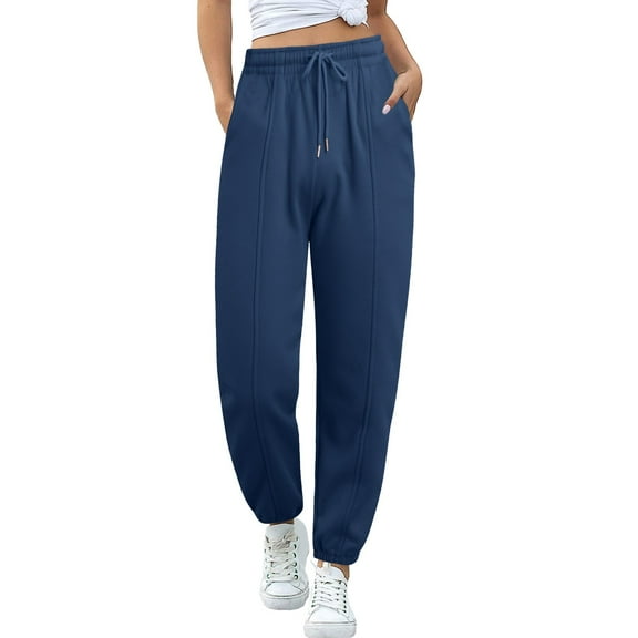 Pants for Women Elastic Waist Cotton Lined Sweatpants Straight Leg Sweatpants Casual Trousers Trendy Dressy Blue L
