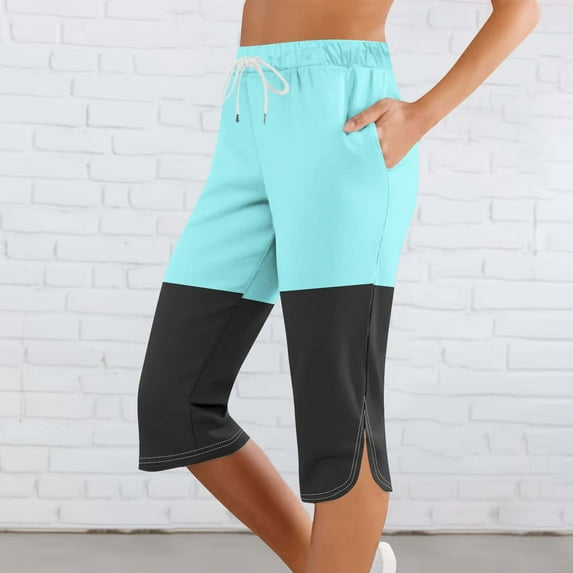 Pants for Women Elastic Waist Drawstring Sports Pants Solid Color Block Printing Casual Capris Pants with Pockets