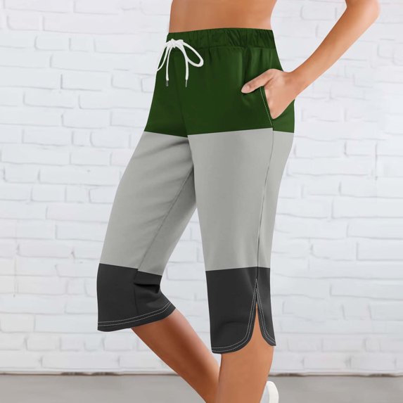Pants for Women Elastic Waist Drawstring Sports Pants Solid Color Block Printing Casual Capris Pants with Pockets