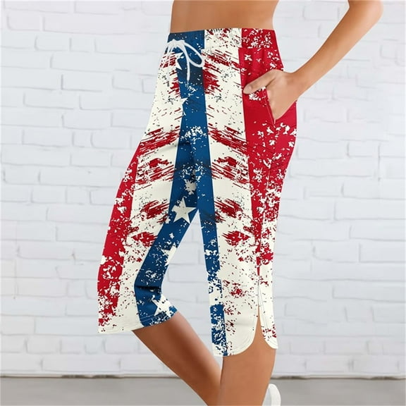 Pants for Women Elastic Waist Drawstring Sports Pants Solid Independence Day Printing Casual Capris Pants with Pockets
