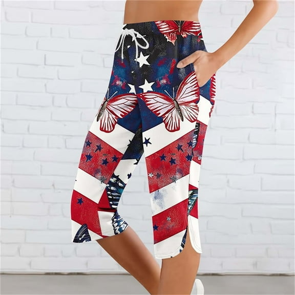 Pants for Women Elastic Waist Drawstring Sports Pants Solid Independence Day Printing Casual Capris Pants with Pockets