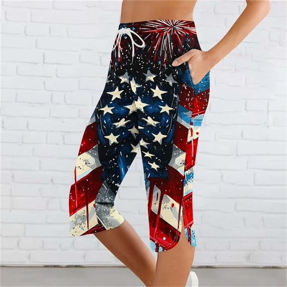 Pants for Women Elastic Waist Drawstring Sports Pants Solid Independence Day Printing Casual Capris Pants with Pockets