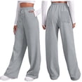 thumbnail image 1 of Pants for Women Elastic Waist Fall Winter Solid Color Sports Pocket Lace Up Wide Leg Straight Leg Sweatpants Trousers Dressy Casual Light Gray 2XL, 1 of 9