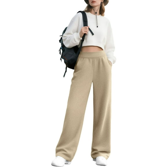 Pants for Women Elastic Waist High-Waisted Casual Solid-Color Workwear Cargo Sweatpants,Sweatpants for Women Khaki XL