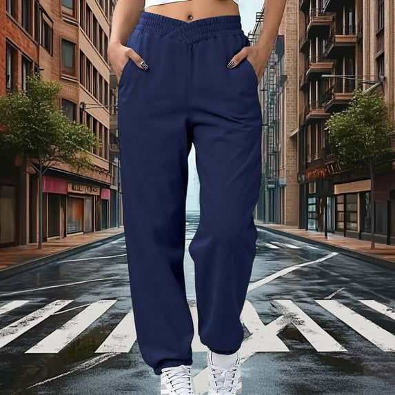 Pants for Women Elastic Waist Pocket Solid Color Casual Pocket Jogging Sweatpants,Sweatpants for Women Navy XXL