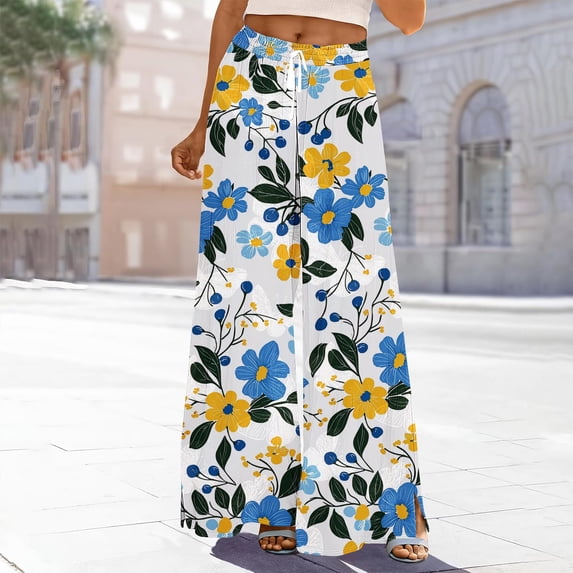 Pants for Women Elastic Waist Printed Wide Leg Drawstring Pocket Full Length Pants