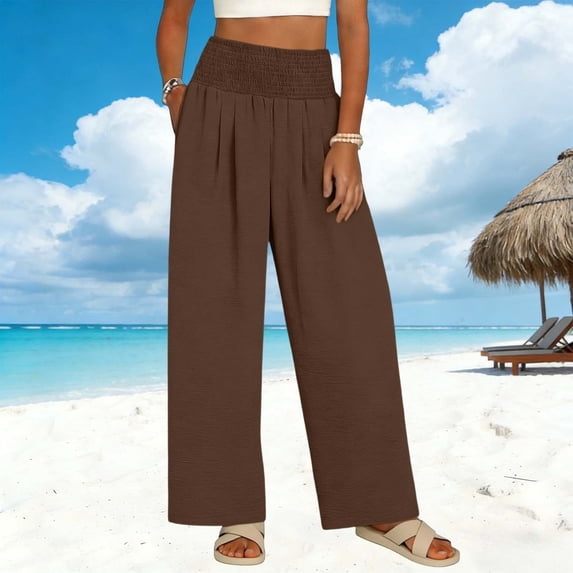 Pants for Women Elastic Waist Solid Color Drawstring Double Pocket Casual Length Pants Brown XL