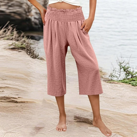 Pants for Women Elastic Waist Wide Capris High Waisted Pants Casual Summer Pockets Pant