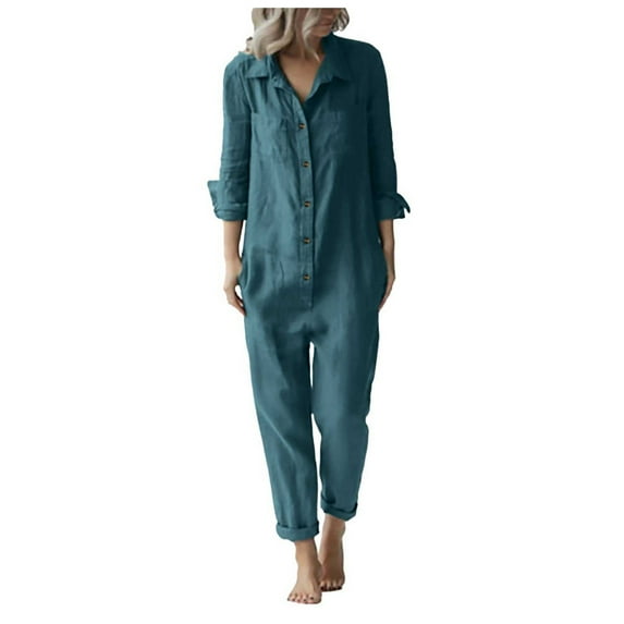 Pants for Women Fashion Solid Casual Loose Lapel Long Sleeve Button Up Jumpsuit with Pockets Womens Work Pants