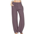 thumbnail image 1 of Pants for Women Flowy Casual Drawstring Elastic Waist Wide Leg Loose Cotton Linen Pants with Pocket Solid High Waist Strap Home Pants, 1 of 7