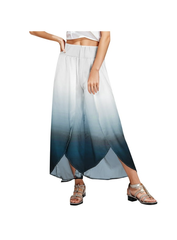 Pants for Women Gradient Print Flowy Slit Wide Leg Pants High Waist Bohemian Beach Trousers Wide Leg Sweatpants Women Grey S