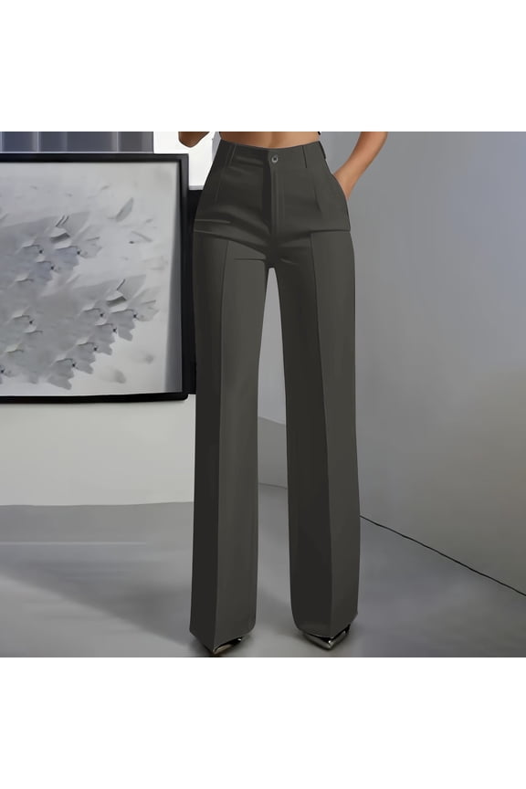 Pants for Women High Waist Hanging Straight Wide Leg Solid Plus Size Suit Pants with Pockets Dark Gray XL