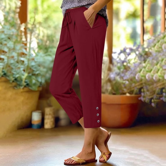 Pants for Women High Waist Long Pants Pleated Casual Linen Loose Pocket Straight Solid Pants Wine XL