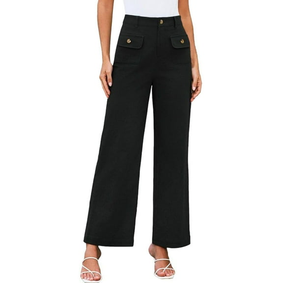 Pants for Women High Waist Wide Leg Trousers Elastic Comfort Straight Fit With Pocket Casual Style Breathable Black M