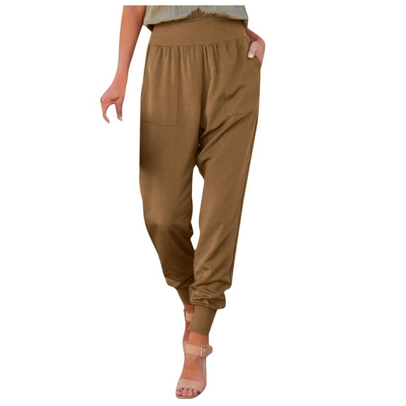 Pants for Women High Waisted Solid Color Cinch Bottom Trousers Casual Loose Fit Lounge Pants with Pockets