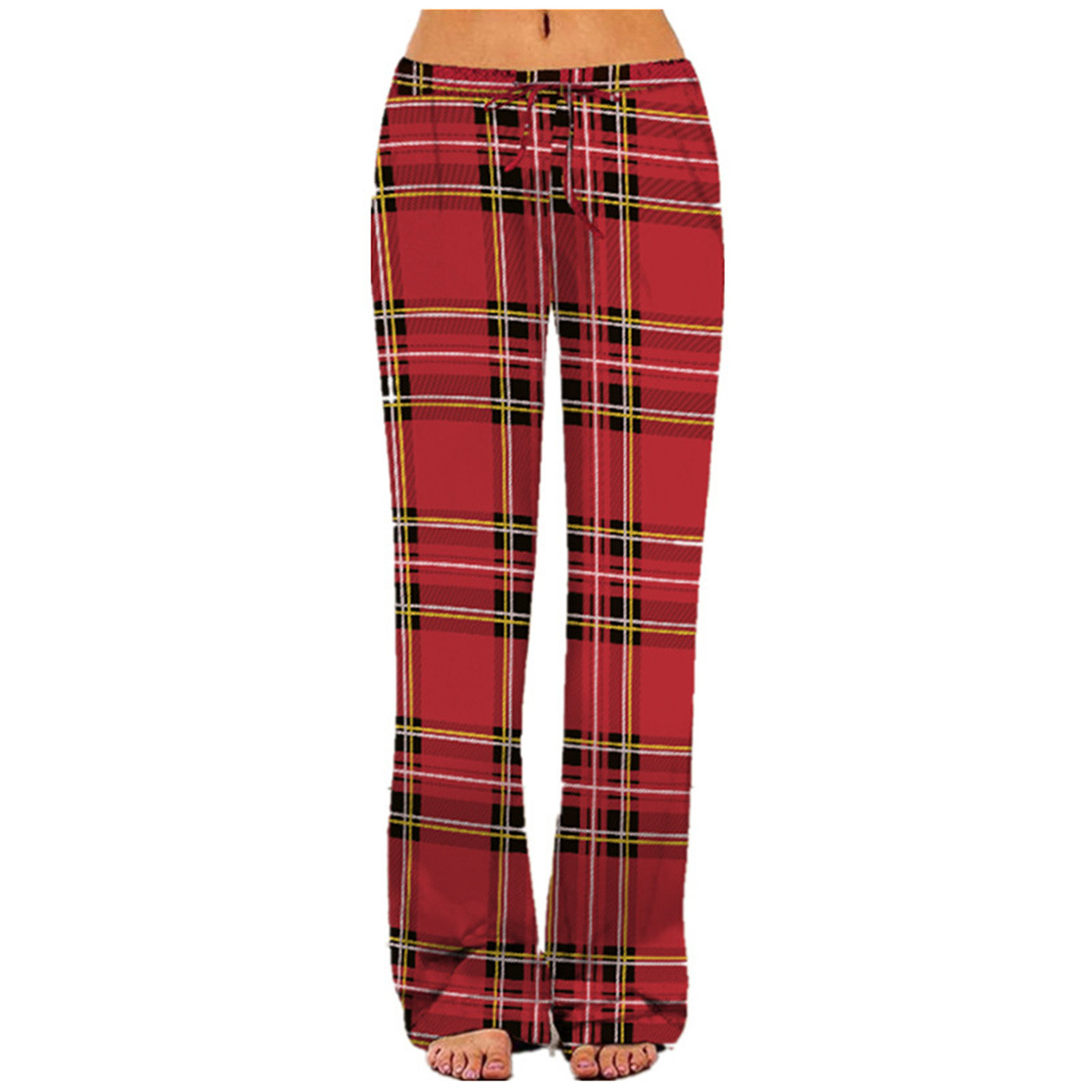 Pants for Women Ladies Comfy Stretch Plaid Wide Leg Casual Drawstring