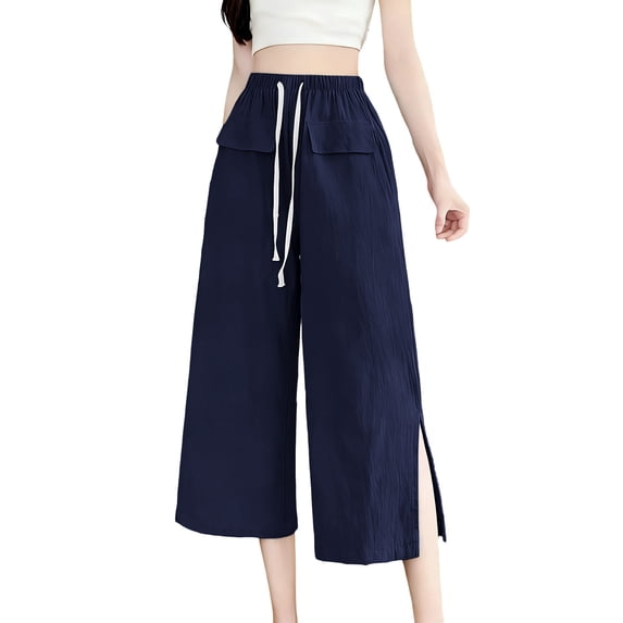 Pants for Women, Linen Capri Pants Women Drawstring Waist Flowy Casual Split Wide Leg Capris Beach Vacation Lounge Summer Pants