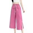 thumbnail image 1 of Pants for Women, Linen Capri Pants Women Drawstring Waist Flowy Casual Split Wide Leg Capris Beach Vacation Lounge Summer Pants, 1 of 5