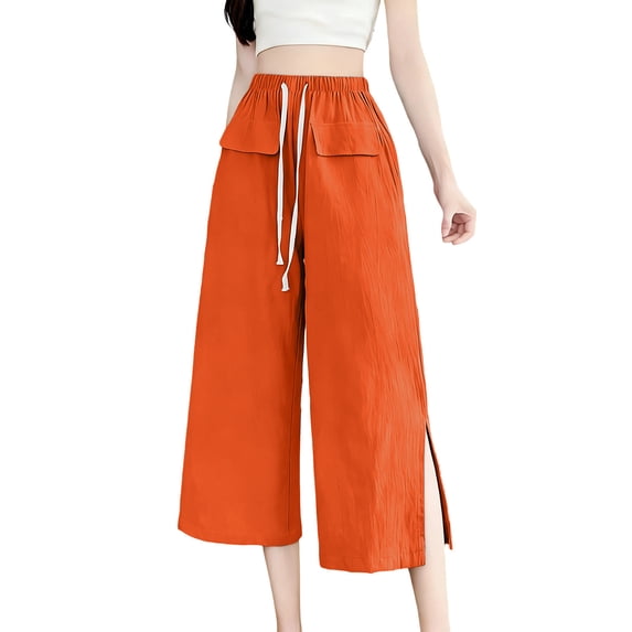 Pants for Women, Linen Capri Pants Women Drawstring Waist Flowy Casual Split Wide Leg Capris Beach Vacation Lounge Summer Pants