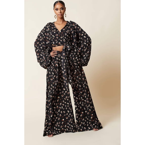 Pants for Women Loose Wide Leg Pants Leopard Print Tie Cardigan Lantern Sleeve Top Fashion Set