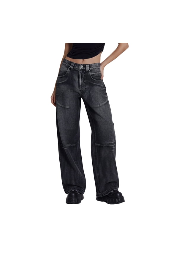 Pants for Women Low Rise Wing Print Jeans Straight Leg Washed Loose Retro Denim Trousers