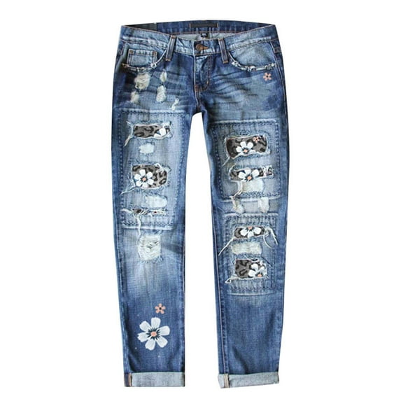 Pants for Women New Street Printed Perforated Straight Relaxed Fit Durable Daily Breathable Trendy Cropped Grey Denim Shorts Sizes S