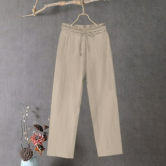 Pants for Women Plus Size 4X Under $10 Spring Solid Color Lace-Up with Cotton and Linen All Straight Leg Casual Pants