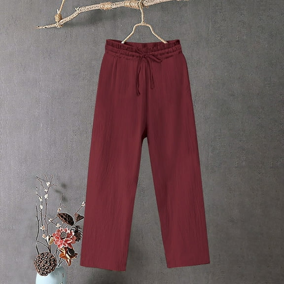 Pants for Women Plus Size 4X Under $10 Spring Solid Color Lace-Up with Cotton and Linen All Straight Leg Casual Pants