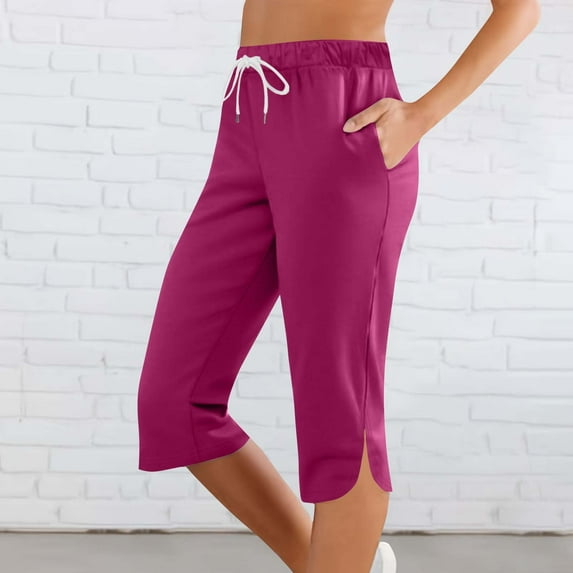 Pants for Women Plus Size Elastic Waist Capris Pants Solid Color Sports Casual with Pockets Pants