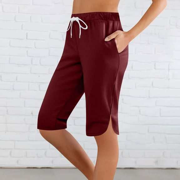 Pants for Women Plus Size Elastic Waist Capris Pants Solid Printing Sports Casual with Pockets Shorts