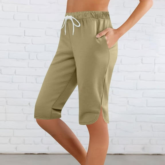 Pants for Women Plus Size Elastic Waist Capris Pants Solid Printing Sports Casual with Pockets Shorts