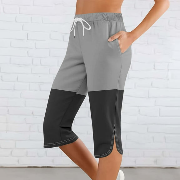 Pants for Women Plus Size Elastic Waist Drawstring Sports Pants Solid Color Block Printing Casual Capris Pants with Pockets
