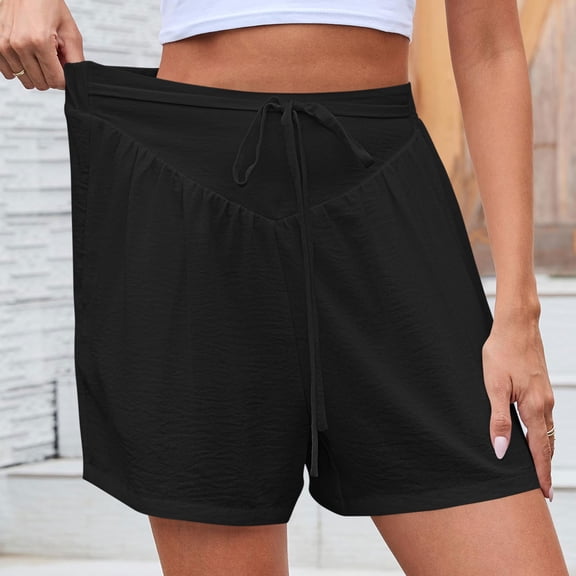 Pants for Women Plus Size Elastic Waist Drawstring Summer Solid Color Side Pocket Shorts