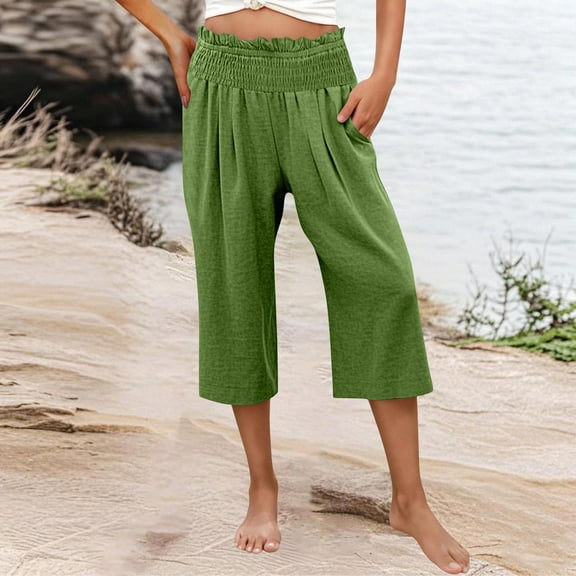 Pants for Women Plus Size Elastic Waist Wide Capris High Waisted Pants Casual Summer Pockets Pant